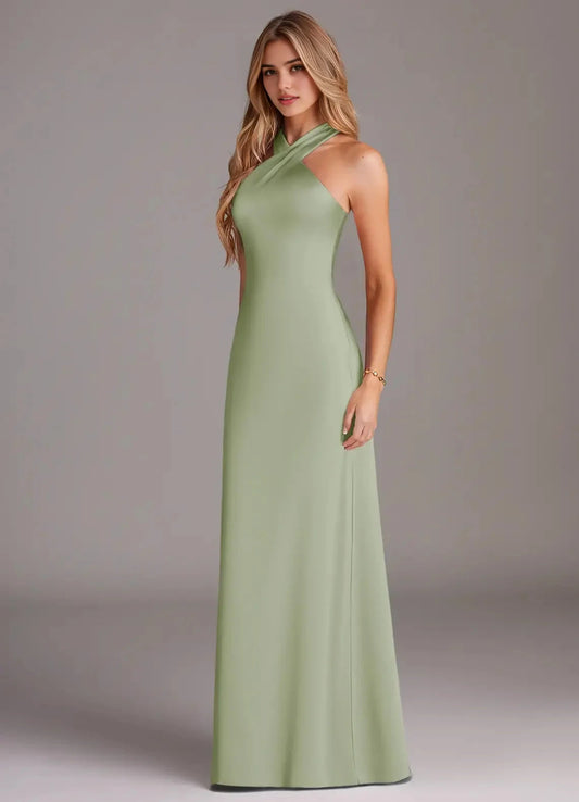 Sage Green Cross Halter Neck Maxi Dress with Back Bow Dusty Sage Mermaid Pleated Stretch Satin Dress Bridesmaid Dresses by YiHuiw