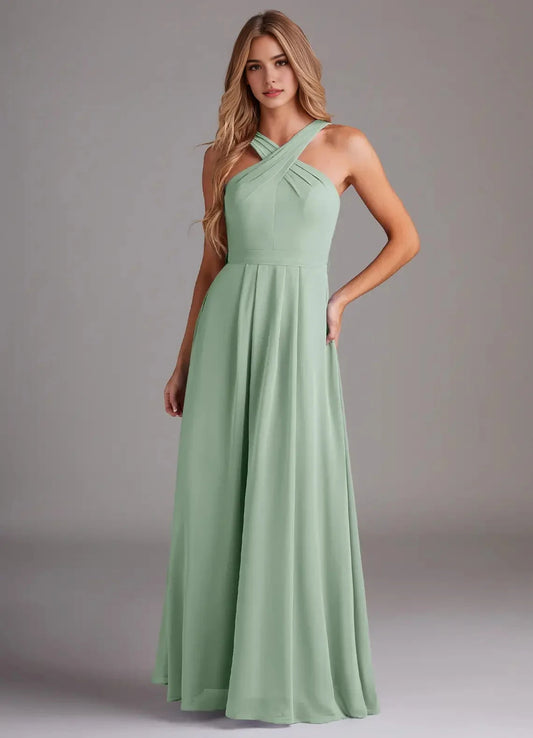 Sage Green Cross-Neck Maxi Dress with Back Bow A-Line Halter Pleated Chiffon Dress Bridesmaid Dresses by YiHuiw