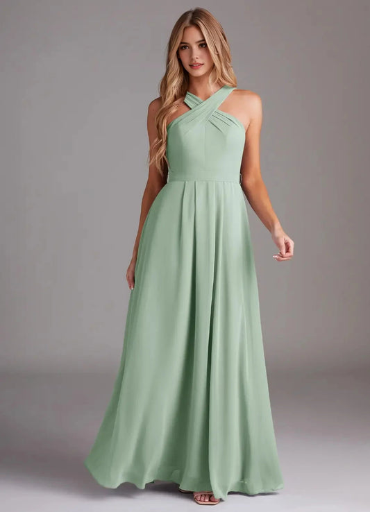 Sage Green Cross-Neck Maxi Dress with Back Bow A-Line Halter Pleated Chiffon Dress Bridesmaid Dresses by YiHuiw