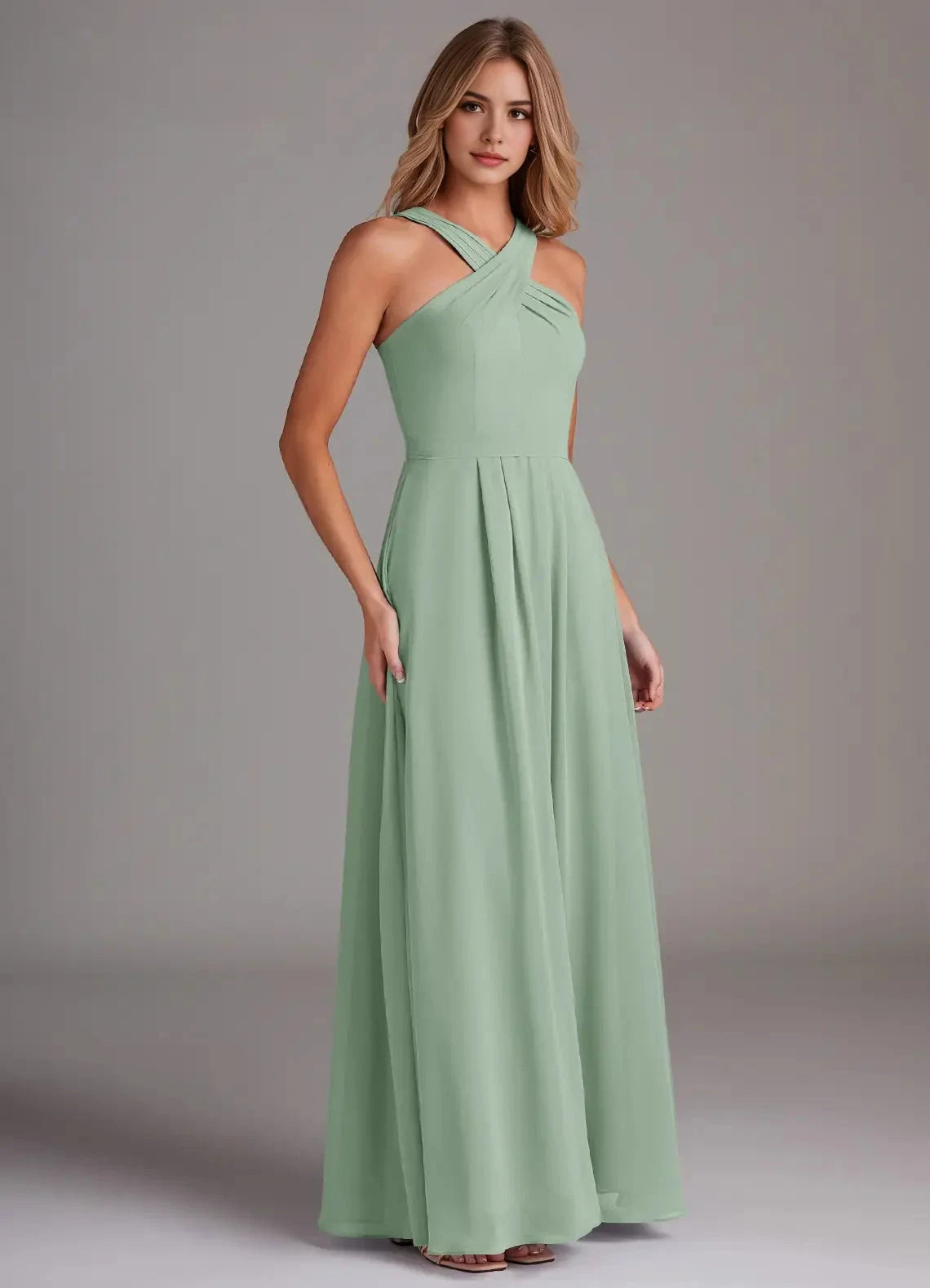 Sage Green Cross-Neck Maxi Dress with Back Bow A-Line Halter Pleated Chiffon Dress Bridesmaid Dresses by YiHuiw