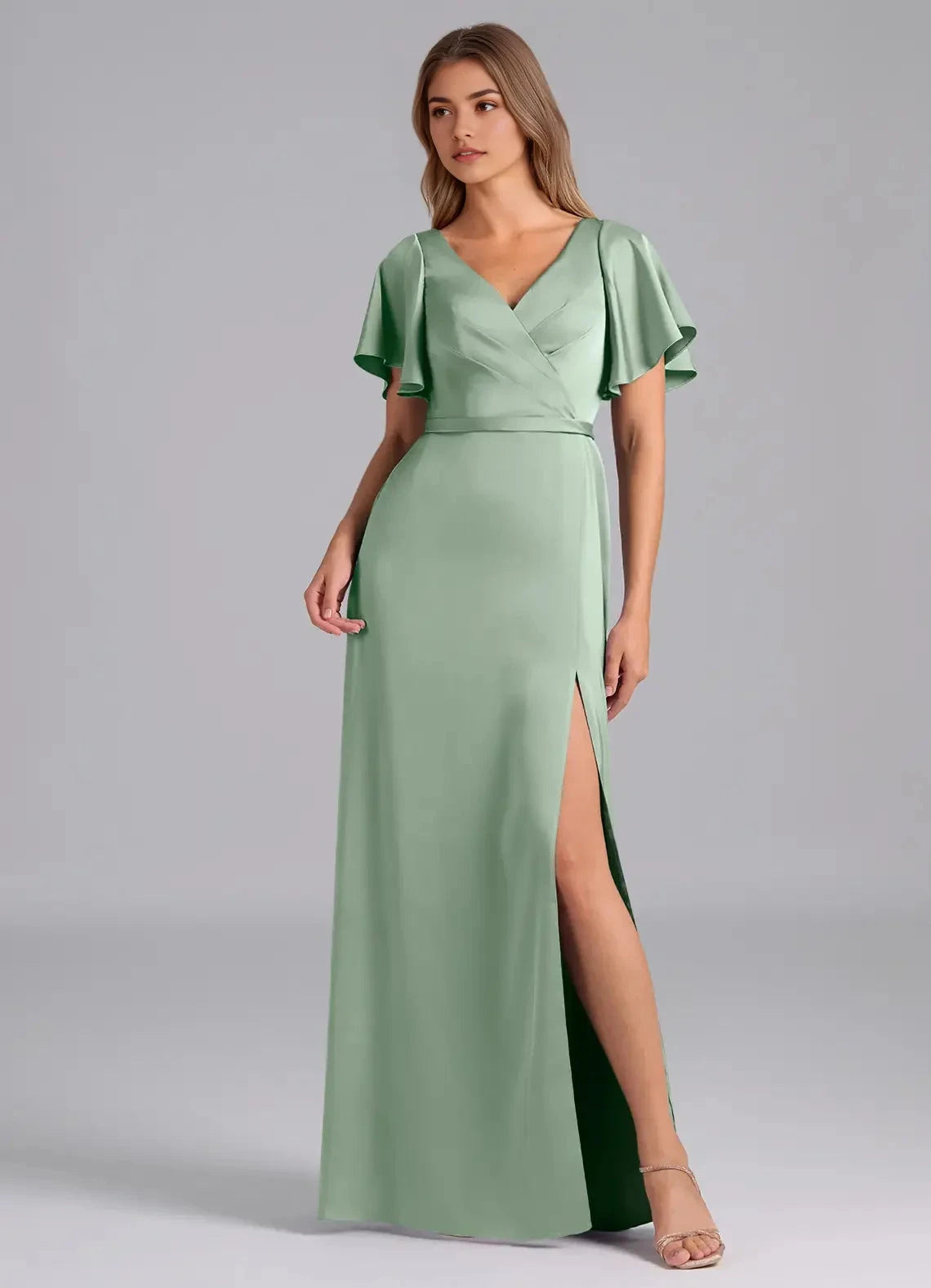 Sage Green Flutter Sleeve V-Neck Satin Maxi Dress with Side Slit Agave A-Line Pleated Stretch Satin Dress Bridesmaid Dresses by YiHuiw