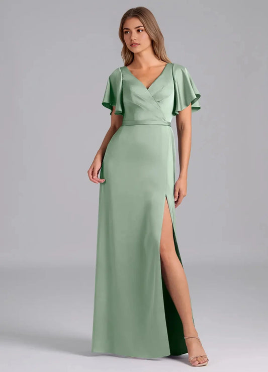Sage Green Flutter Sleeve V-Neck Satin Maxi Dress with Side Slit Agave A-Line Pleated Stretch Satin Dress Bridesmaid Dresses by YiHuiw