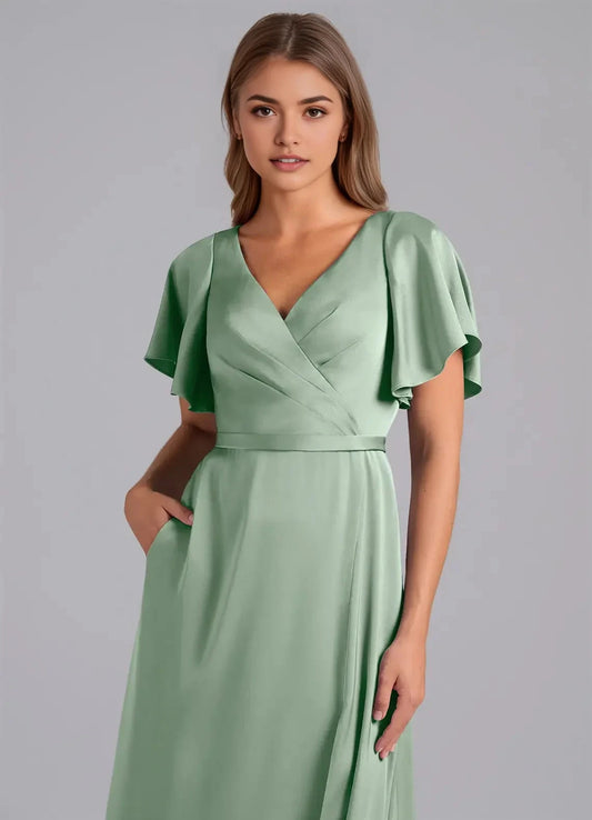 Sage Green Flutter Sleeve V-Neck Satin Maxi Dress with Side Slit Agave A-Line Pleated Stretch Satin Dress Bridesmaid Dresses by YiHuiw