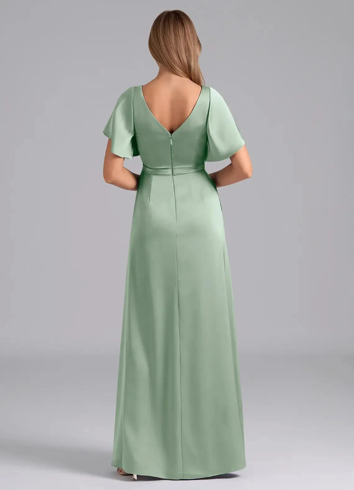Sage Green Flutter Sleeve V-Neck Satin Maxi Dress with Side Slit Agave A-Line Pleated Stretch Satin Dress Bridesmaid Dresses by YiHuiw