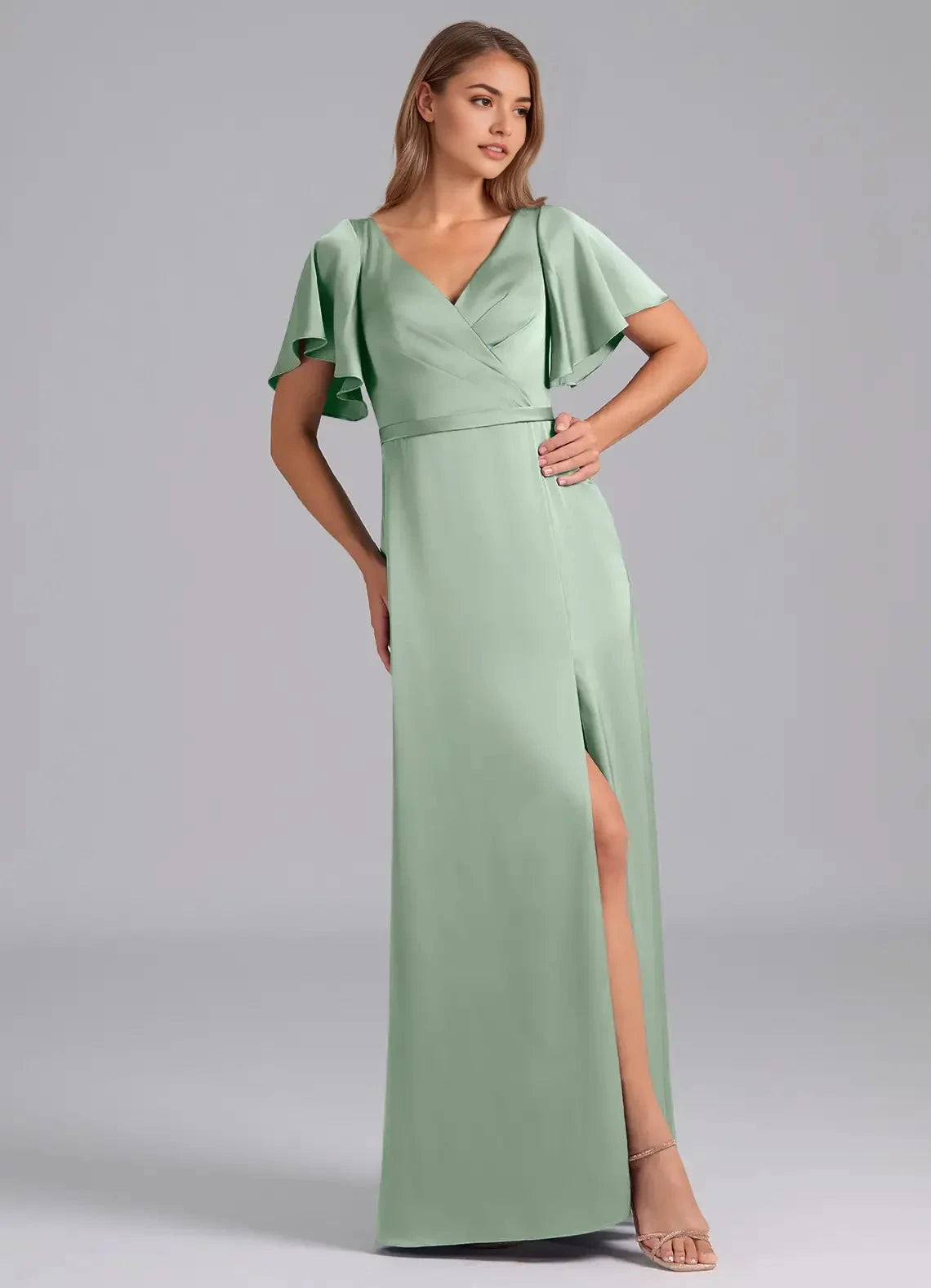 Sage Green Flutter Sleeve V-Neck Satin Maxi Dress with Side Slit Agave A-Line Pleated Stretch Satin Dress Bridesmaid Dresses by YiHuiw