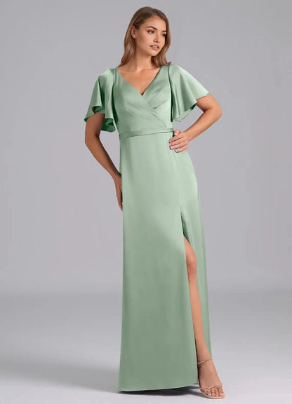 Sage Green Flutter Sleeve V-Neck Satin Maxi Dress with Side Slit Agave A-Line Pleated Stretch Satin Dress Bridesmaid Dresses by YiHuiw