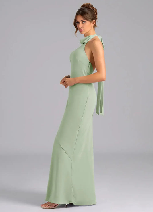 Sage Green Mermaid Halter Chiffon Floor-Length Wedding Dress - Yihuiw by Yihuiw