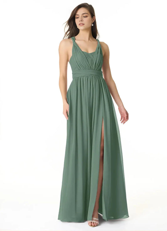 Green Halter Neck Crisscross Back Evening with Side Slit A-Line Off the Shoulder Chiffon Convertible Dress Bridesmaid Dresses by YiHuiw
