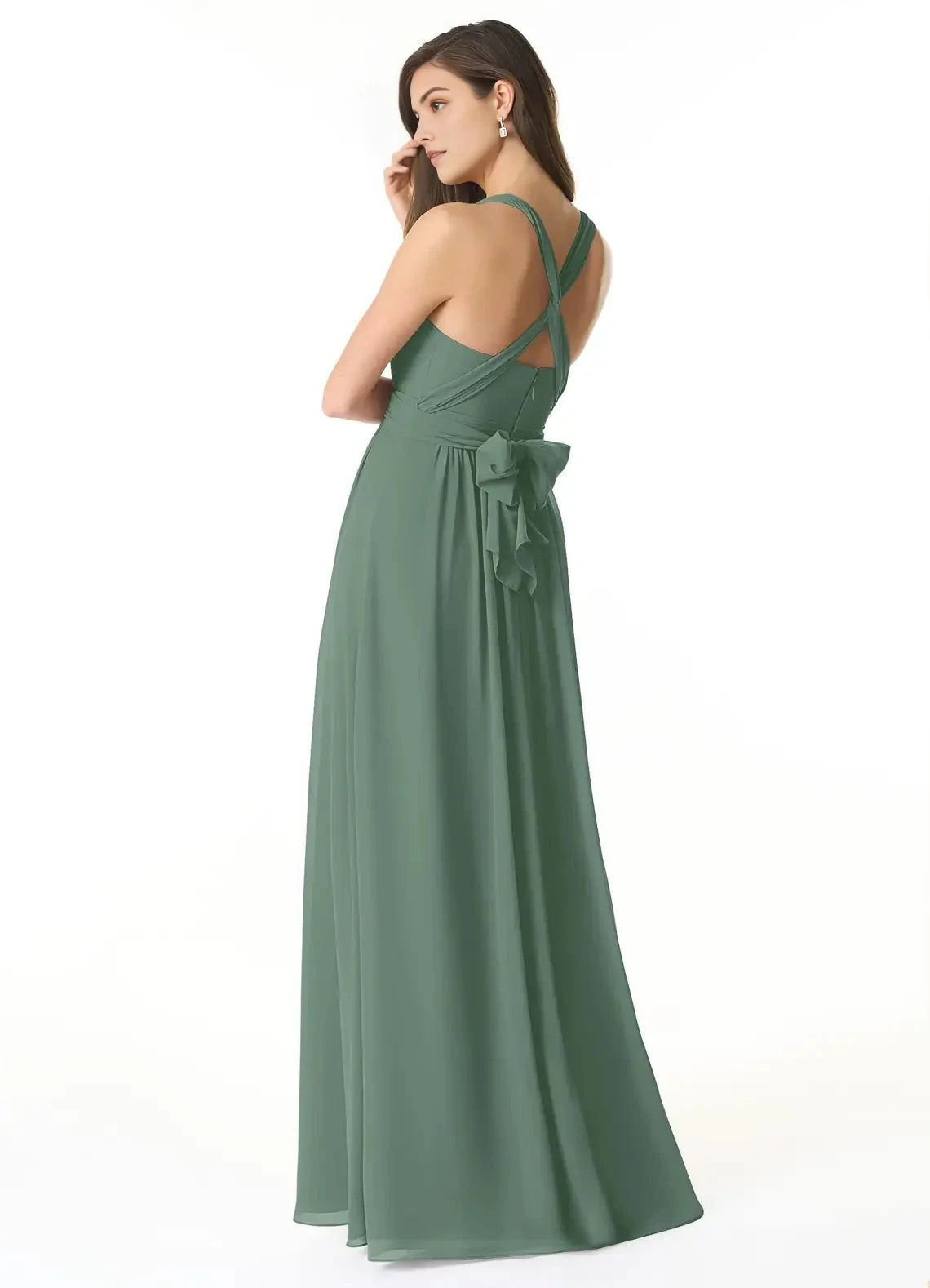 Green Halter Neck Crisscross Back Evening with Side Slit A-Line Off the Shoulder Chiffon Convertible Dress Bridesmaid Dresses by YiHuiw