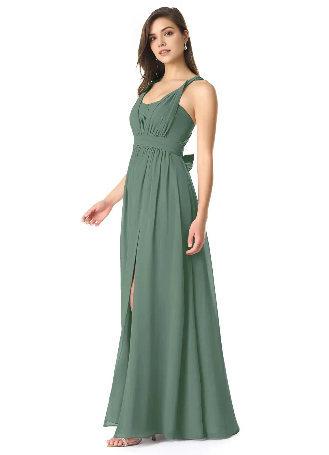 Green Halter Neck Crisscross Back Evening with Side Slit A-Line Off the Shoulder Chiffon Convertible Dress Bridesmaid Dresses by YiHuiw