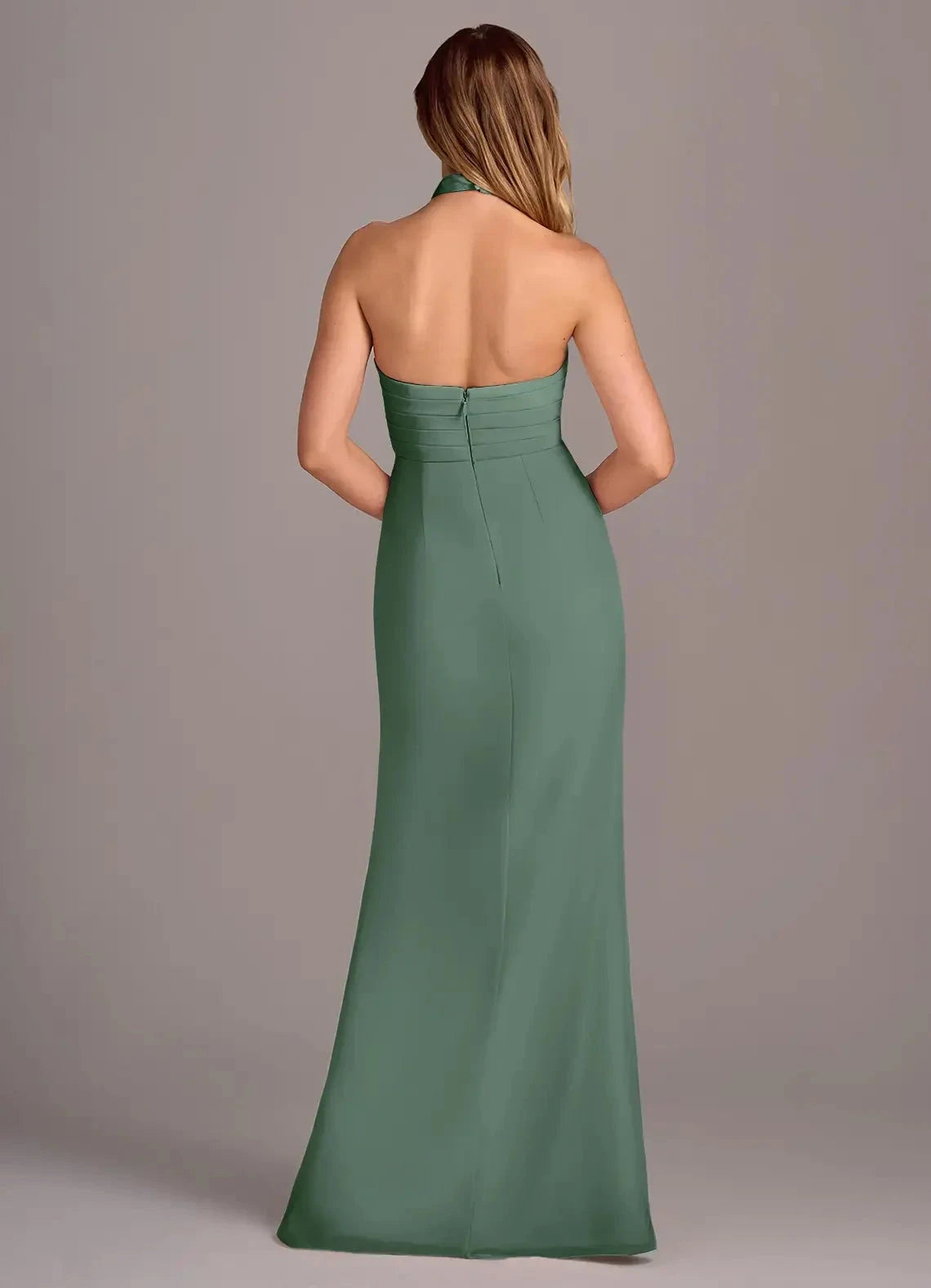 Sage Green Halter Neck Maxi Dress with Side Slit Sheath Pleated Chiffon Dress Bridesmaid Dresses by YiHuiw