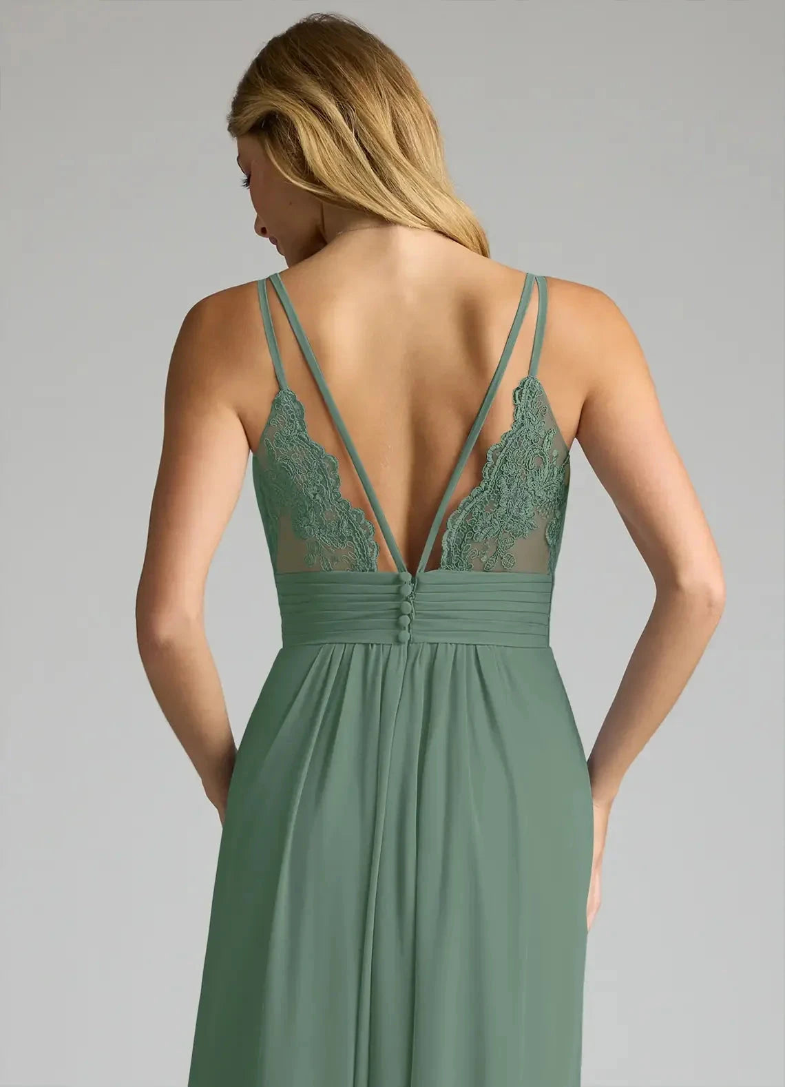A-Line V-Neck Lace Chiffon Dress Sage Green Lace Back Maxi Dress with Side Slit Bridesmaid Dresses by YiHuiw
