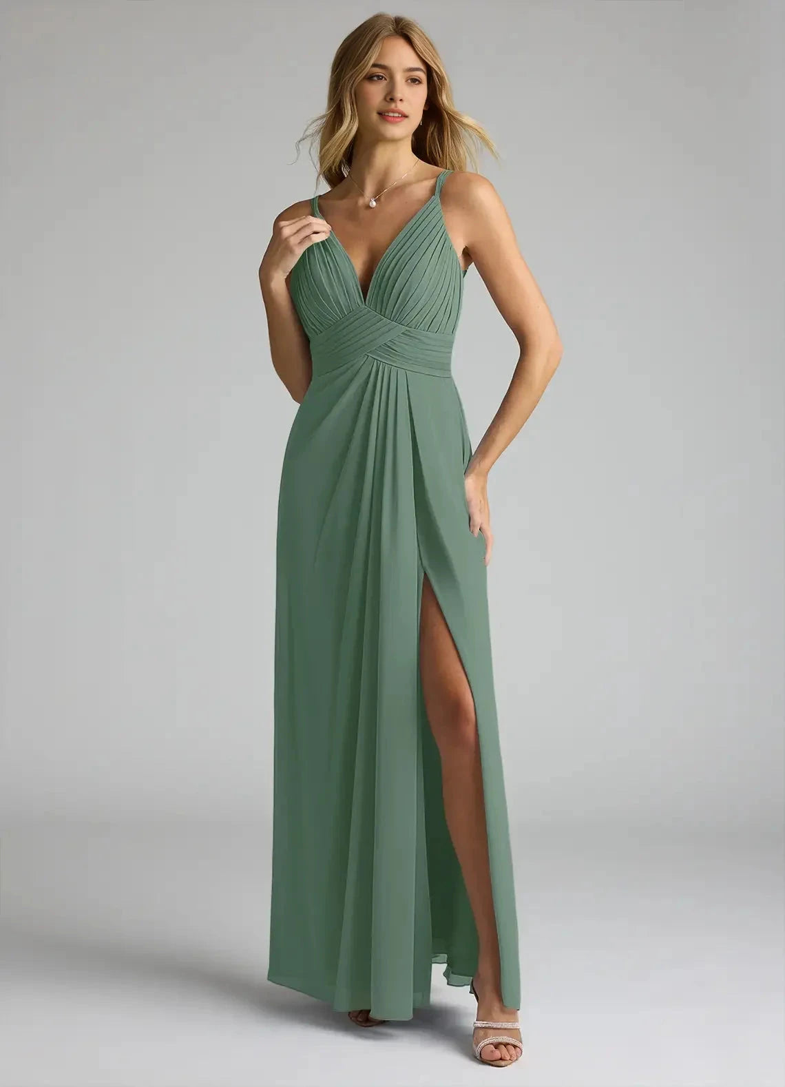 A-Line V-Neck Lace Chiffon Dress Sage Green Lace Back Maxi Dress with Side Slit Bridesmaid Dresses by YiHuiw