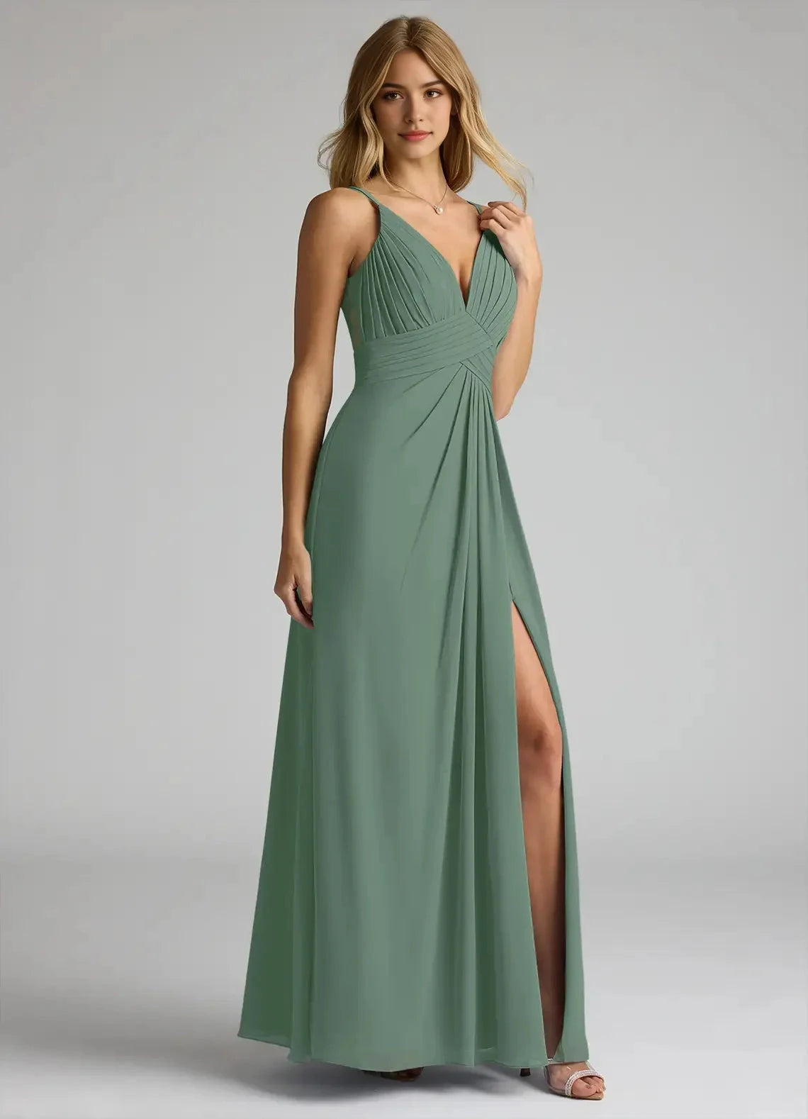 A-Line V-Neck Lace Chiffon Dress Sage Green Lace Back Maxi Dress with Side Slit Bridesmaid Dresses by YiHuiw