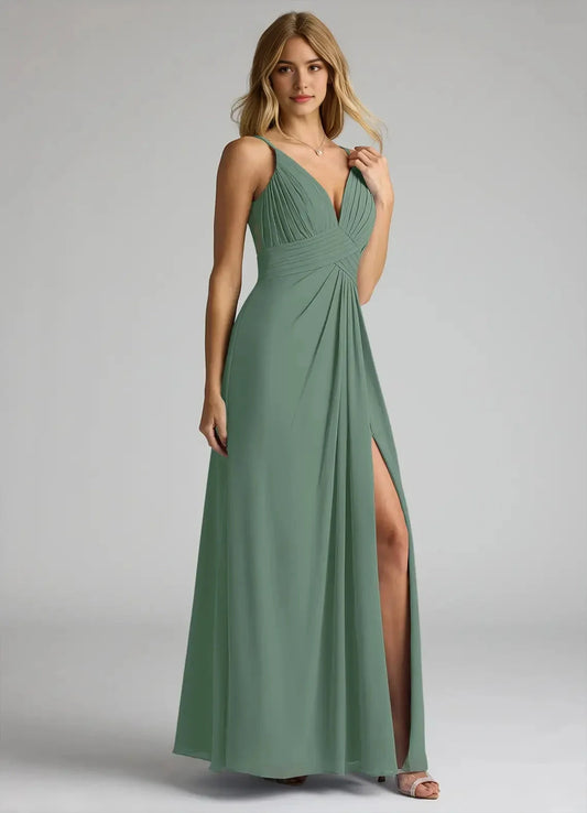 A-Line V-Neck Lace Chiffon Dress Sage Green Lace Back Maxi Dress with Side Slit Bridesmaid Dresses by YiHuiw
