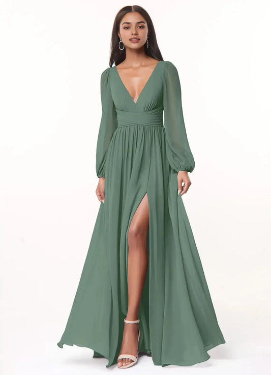 Sage Green Long Sleeve V-Neck Maxi Dress with Side Slit and Open Back Eucalyptus A-Line V-Neck Long Sleeve Chiffon Bridesmaid Dresses by YiHuiw