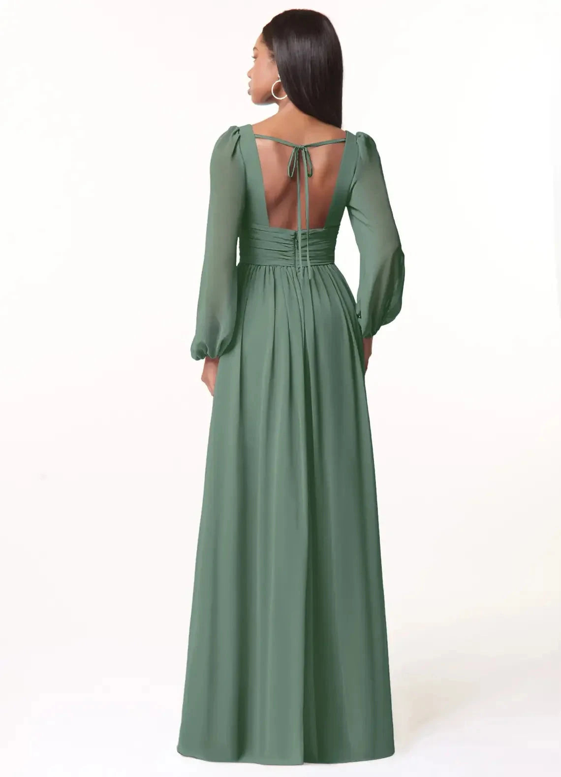 Sage Green Long Sleeve V-Neck Maxi Dress with Side Slit and Open Back Eucalyptus A-Line V-Neck Long Sleeve Chiffon Bridesmaid Dresses by YiHuiw