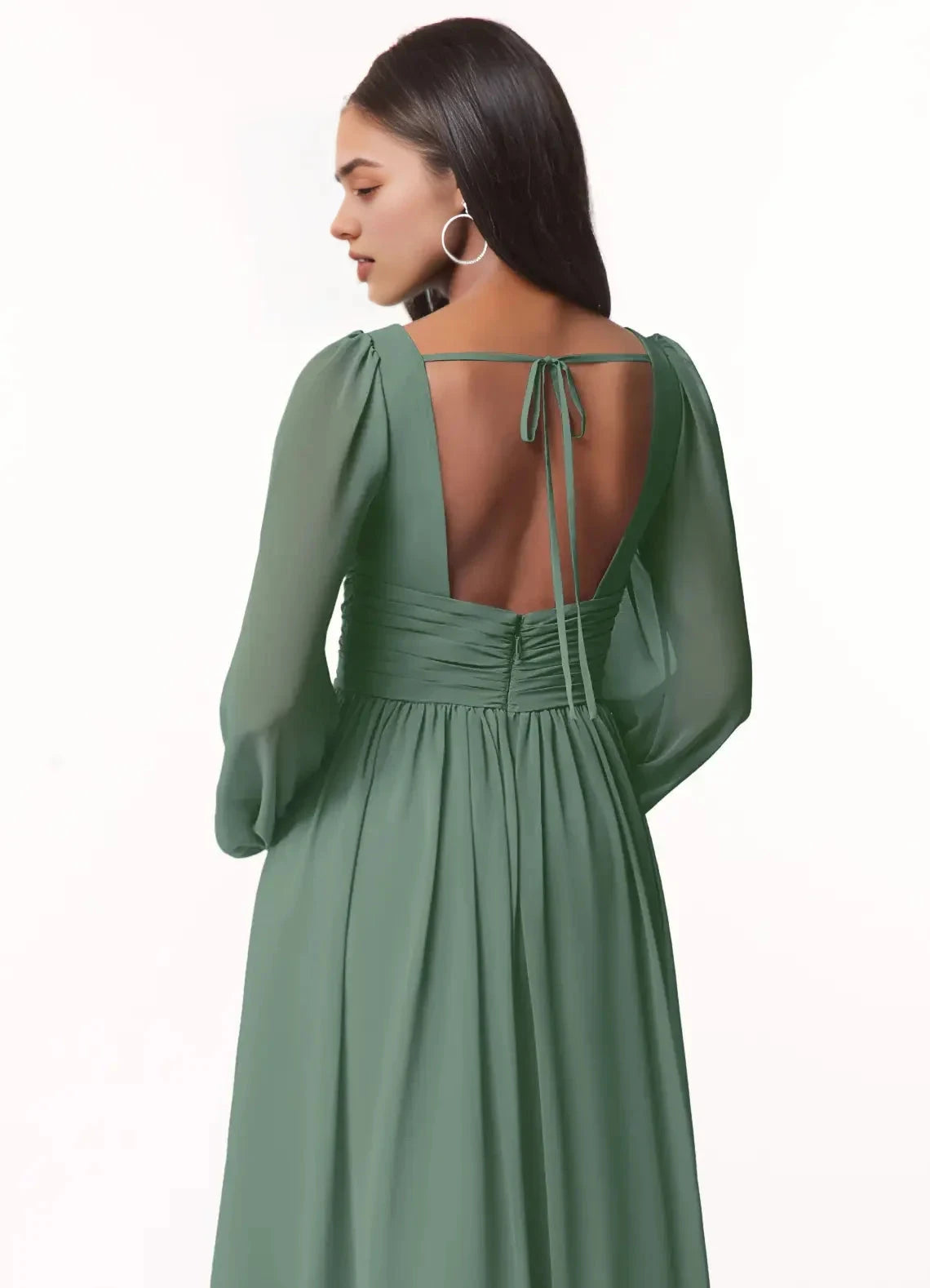 Sage Green Long Sleeve V-Neck Maxi Dress with Side Slit and Open Back Eucalyptus A-Line V-Neck Long Sleeve Chiffon Bridesmaid Dresses by YiHuiw
