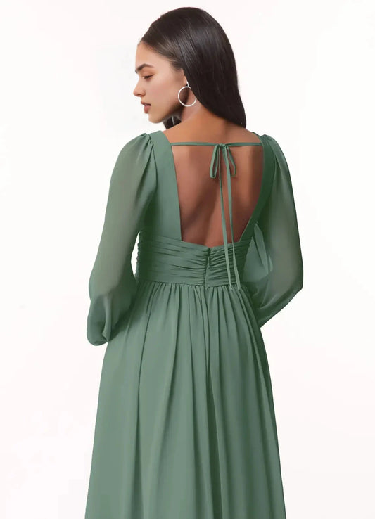 Sage Green Long Sleeve V-Neck Maxi Dress with Side Slit and Open Back Eucalyptus A-Line V-Neck Long Sleeve Chiffon Bridesmaid Dresses by YiHuiw