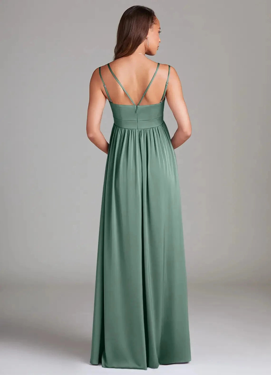 Sage Green Maternity Maxi Dress with Spaghetti Straps Stretch Satin Floor-Length Dress with Pockets Eucalyptus Bridesmaid Dresses by YiHuiw