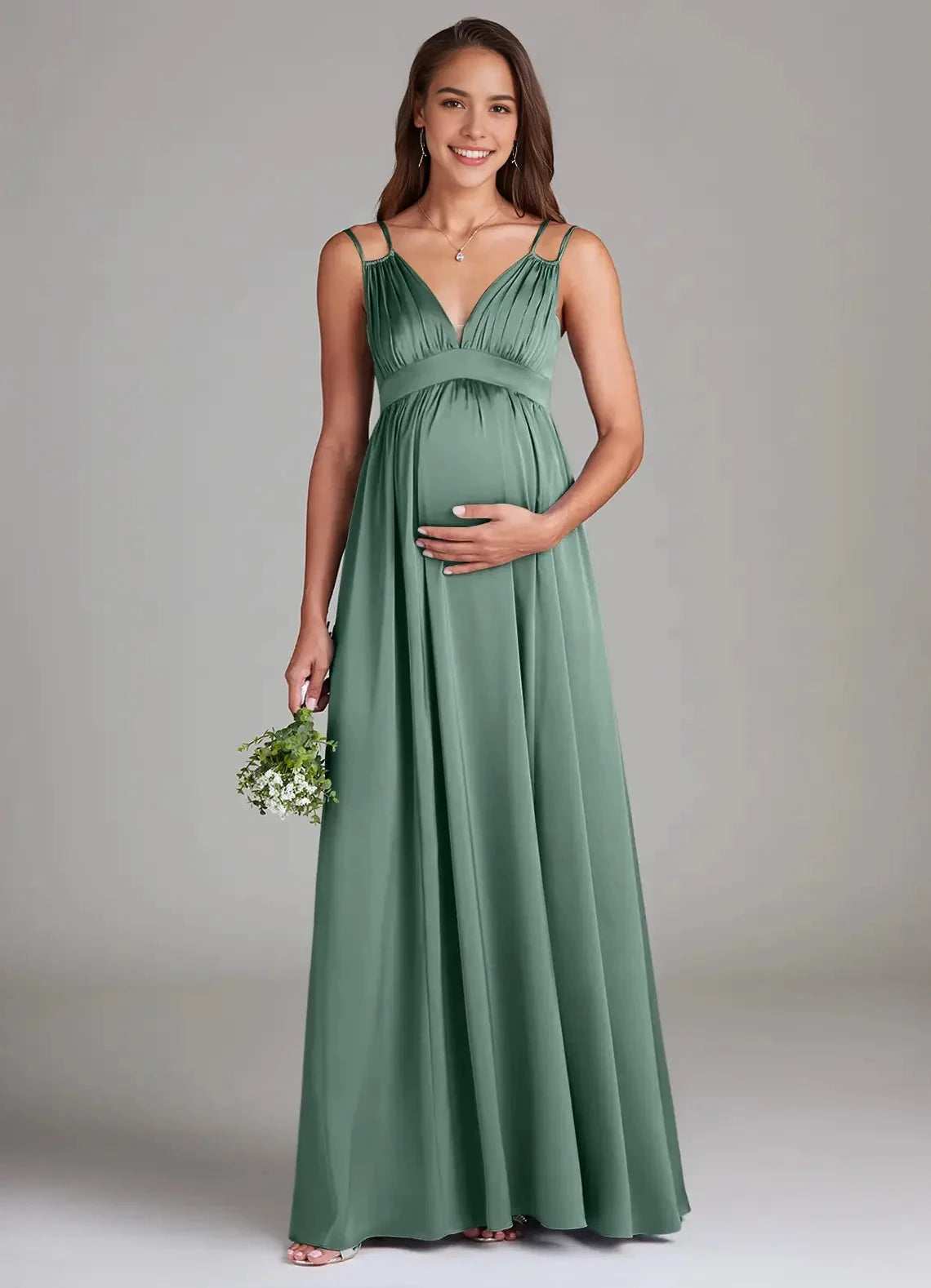 Sage Green Maternity Maxi Dress with Spaghetti Straps Stretch Satin Floor-Length Dress with Pockets Eucalyptus Bridesmaid Dresses by YiHuiw