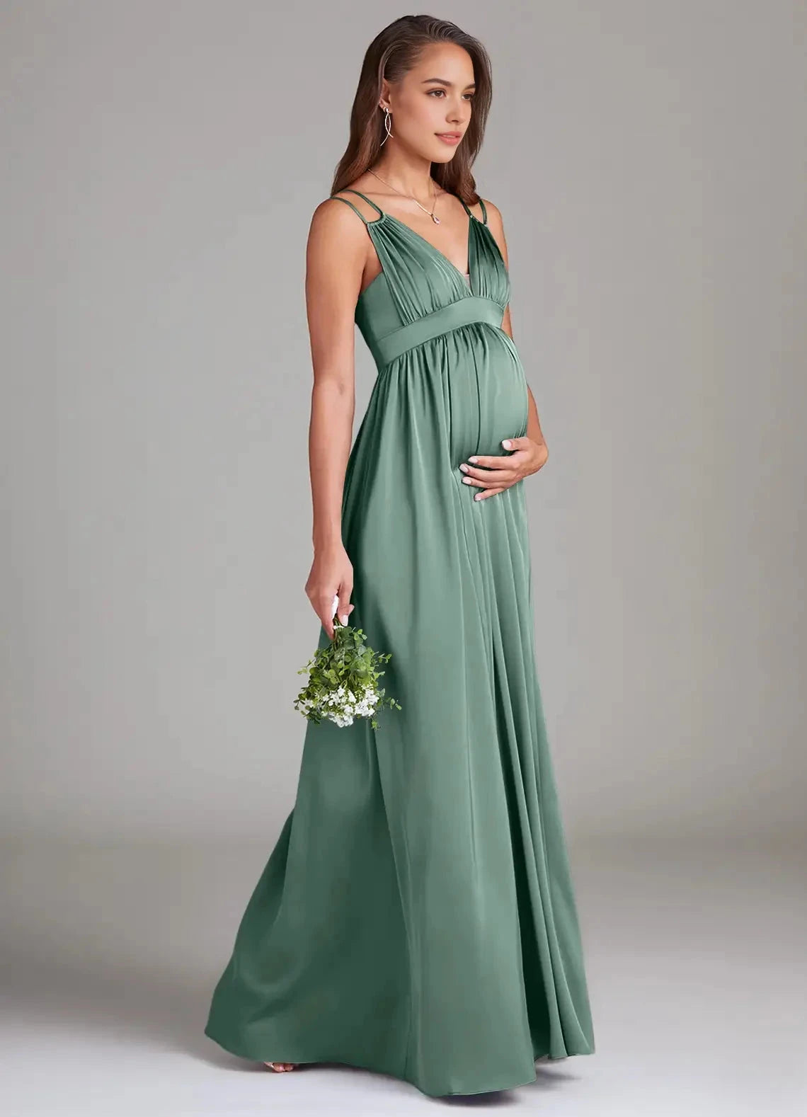 Sage Green Maternity Maxi Dress with Spaghetti Straps Stretch Satin Floor-Length Dress with Pockets Eucalyptus Bridesmaid Dresses by YiHuiw
