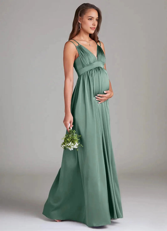 Sage Green Maternity Maxi Dress with Spaghetti Straps Stretch Satin Floor-Length Dress with Pockets Eucalyptus Bridesmaid Dresses by YiHuiw
