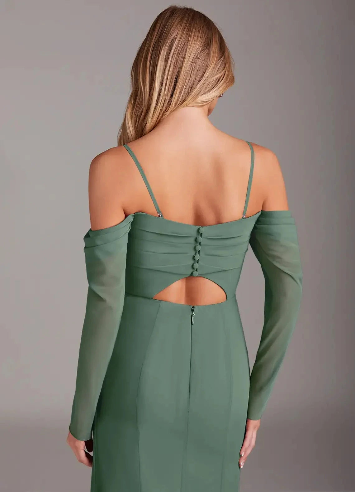 Sage Green Off-Shoulder Long Sleeve Maxi Dress with Side Slit Mermaid Long Sleeve Chiffon Bridesmaid Dresses by YiHuiw