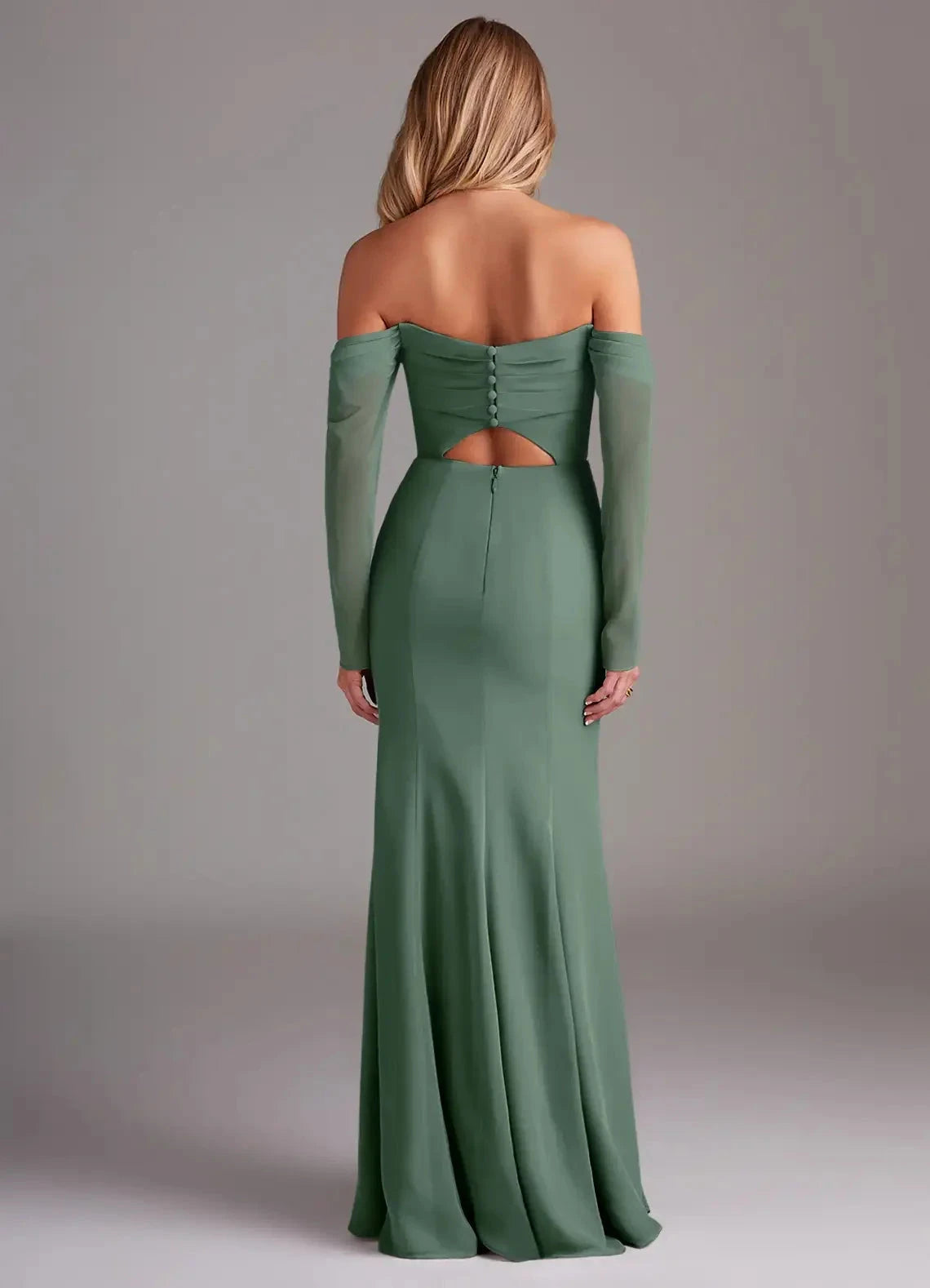 Sage Green Off-Shoulder Long Sleeve Maxi Dress with Side Slit Mermaid Long Sleeve Chiffon Bridesmaid Dresses by YiHuiw