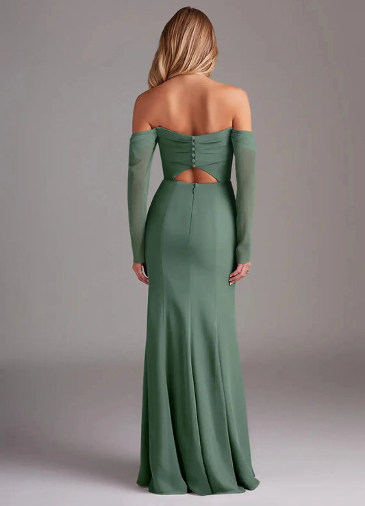 Sage Green Off-Shoulder Long Sleeve Maxi Dress with Side Slit Mermaid Long Sleeve Chiffon Bridesmaid Dresses by YiHuiw