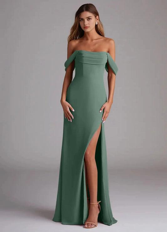 Sage Green Off-Shoulder Maxi Dress with Side Slit A-Line Off the Shoulder Chiffon Convertible Dress Bridesmaid Dresses by YiHuiw