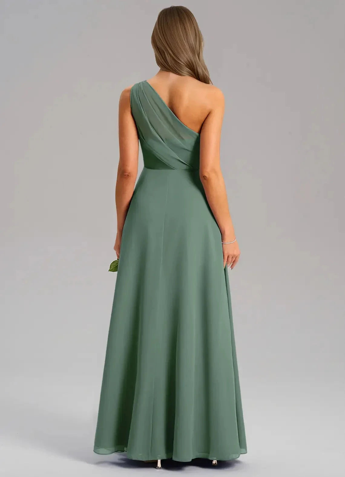 Sage Green One-Shoulder Chiffon Maxi Dress with Side Slit and Pockets Eucalyptus A-Line One Shoulder Chiffon Dress Bridesmaid Dresses by YiHuiw