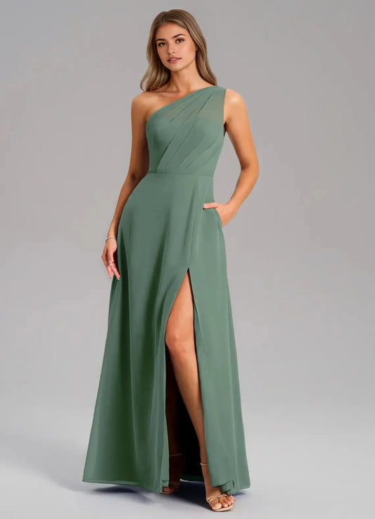 Sage Green One-Shoulder Chiffon Maxi Dress with Side Slit and Pockets Eucalyptus A-Line One Shoulder Chiffon Dress Bridesmaid Dresses by YiHuiw