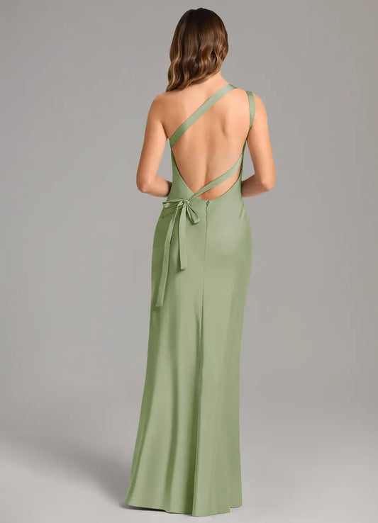 Sage Green One-Shoulder Satin High Slit Floor-Length Wedding Dress - Yihuiw by Yihuiw