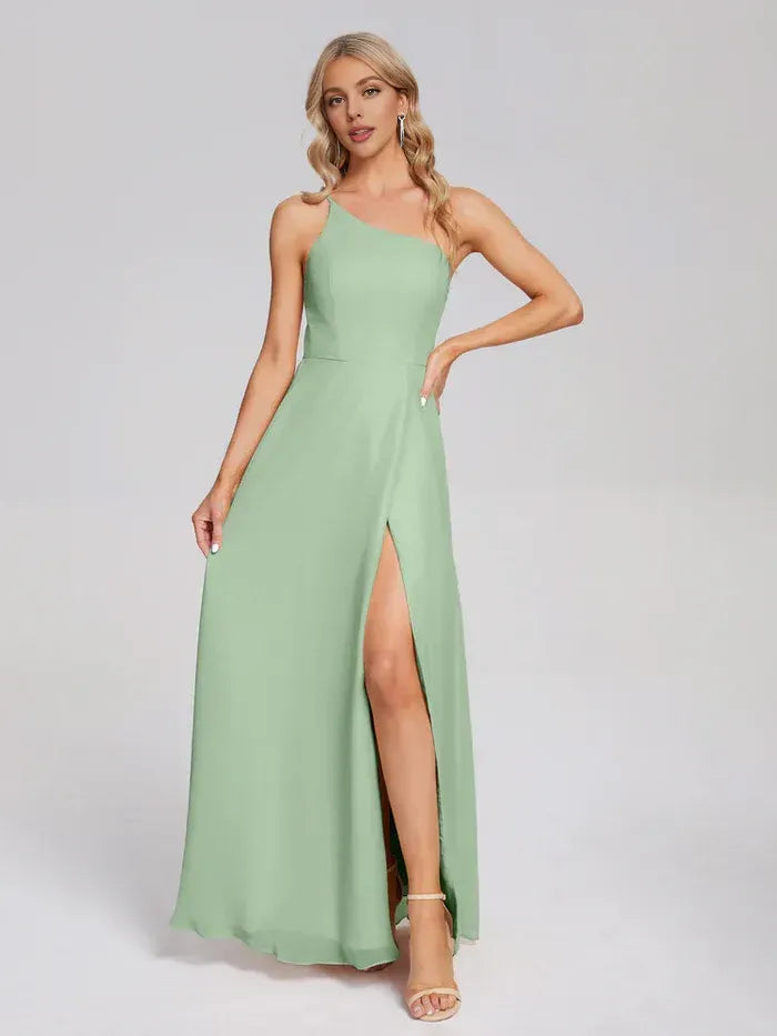 Sage Green A-Line One-Shoulder Chiffon High Slit Floor-Length Wedding Dress - Yihuiw by Yihuiw