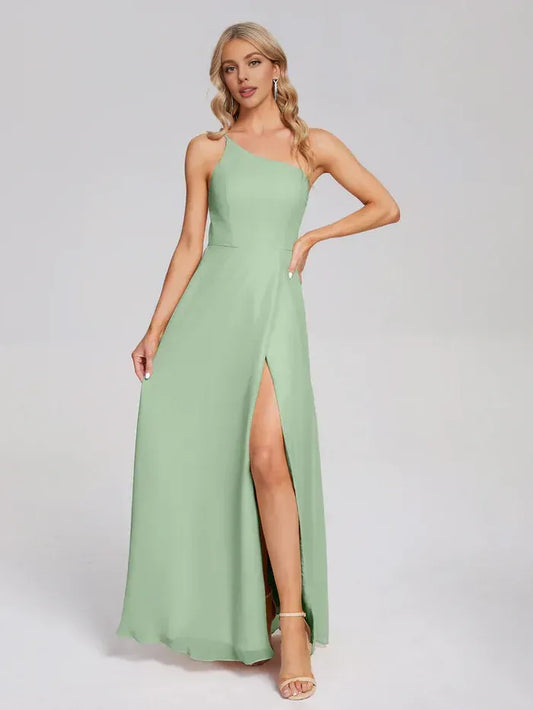 Sage Green A-Line One-Shoulder Chiffon High Slit Floor-Length Wedding Dress - Yihuiw by Yihuiw