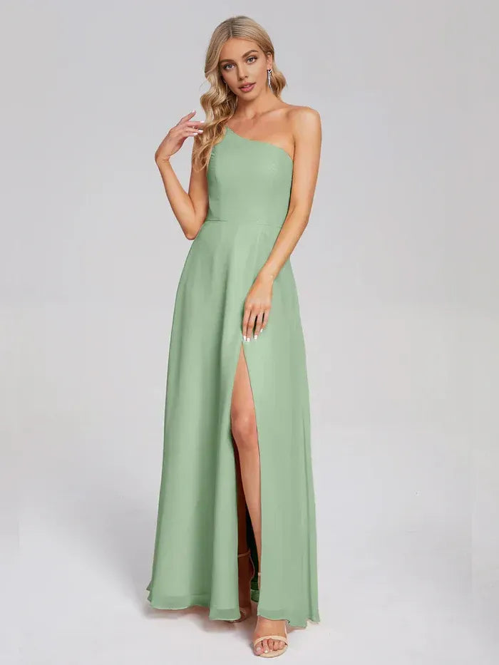 Sage Green A-Line One-Shoulder Chiffon High Slit Floor-Length Wedding Dress - Yihuiw by Yihuiw