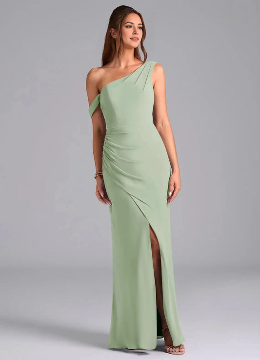 Sage Green One-Shoulder Maxi Dress with Side Slit and Draped Back Dusty Sage Mermaid Off the Shoulder Chiffon Convertible Dress Bridesmaid Dresses by YiHuiw