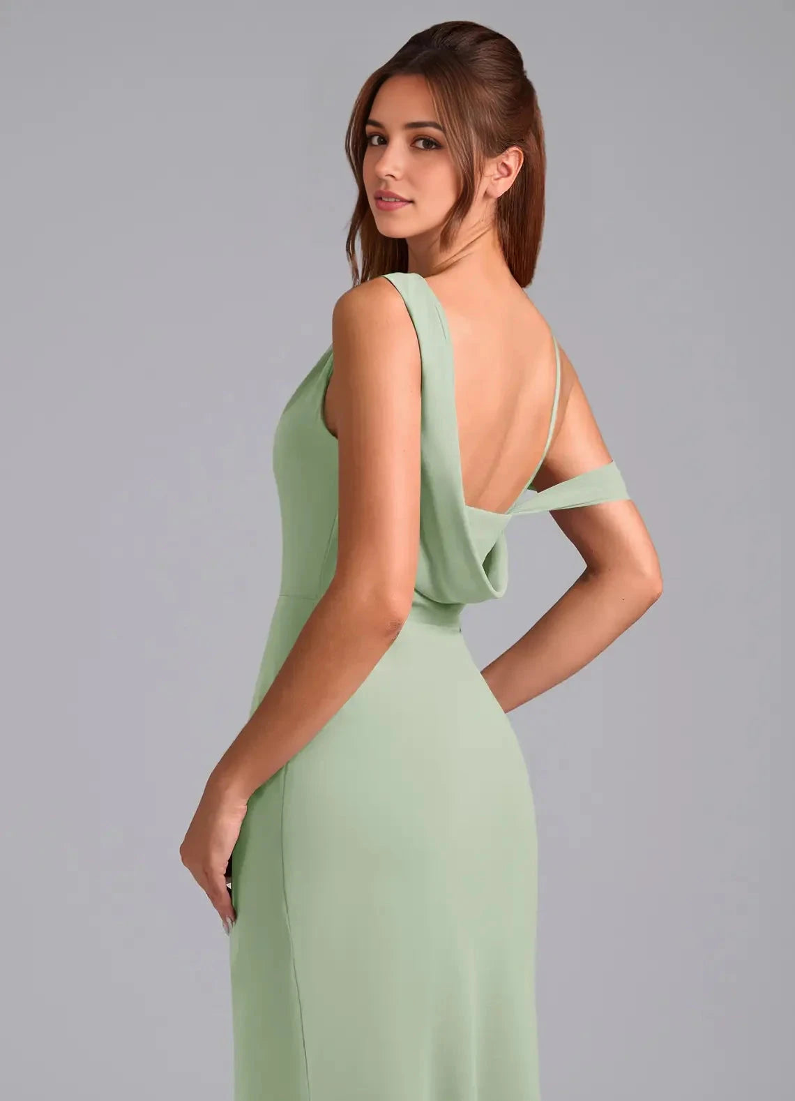 Sage Green One-Shoulder Maxi Dress with Side Slit and Draped Back Dusty Sage Mermaid Off the Shoulder Chiffon Convertible Dress Bridesmaid Dresses by YiHuiw
