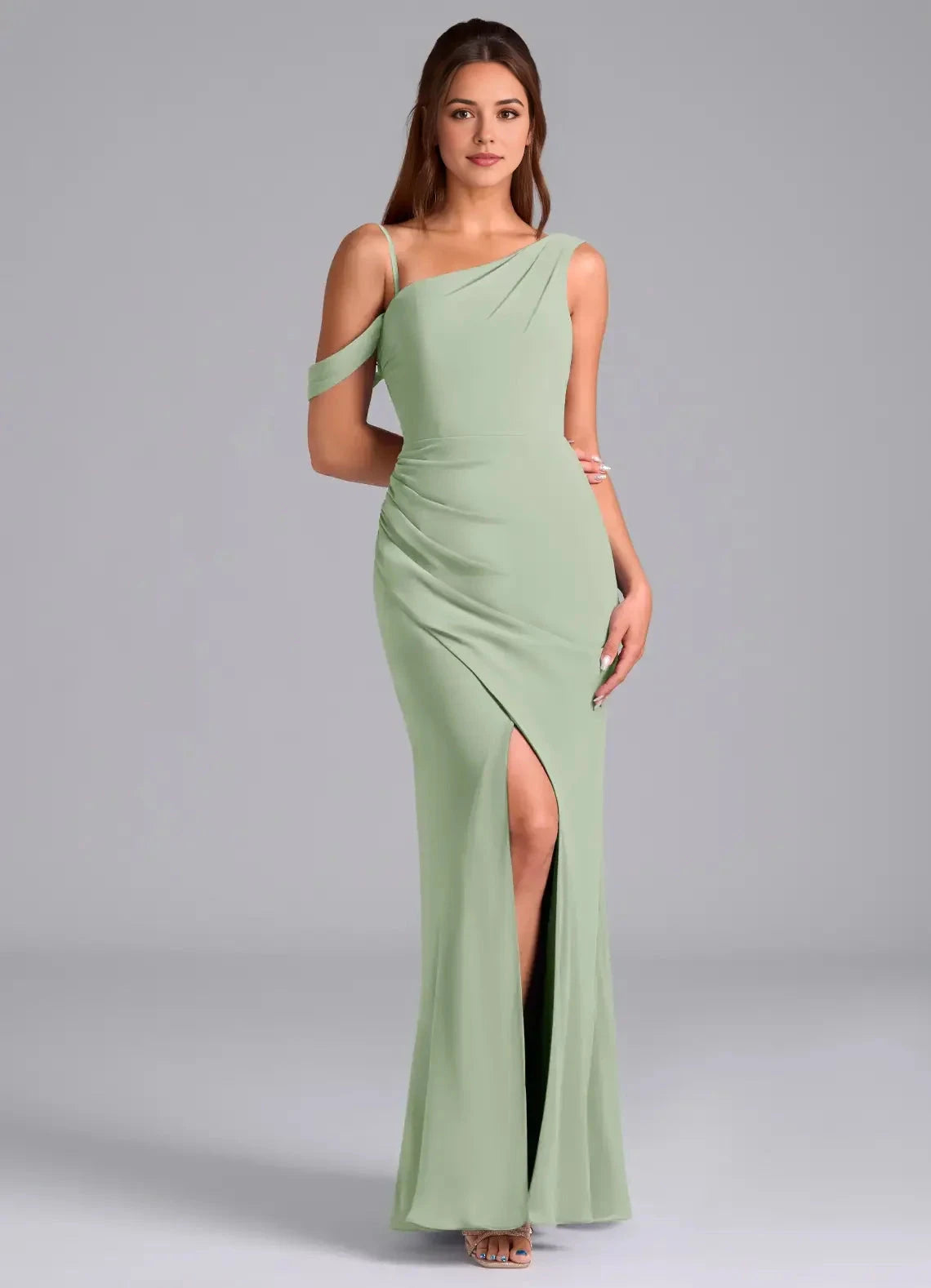 Sage Green One-Shoulder Maxi Dress with Side Slit and Draped Back Dusty Sage Mermaid Off the Shoulder Chiffon Convertible Dress Bridesmaid Dresses by YiHuiw