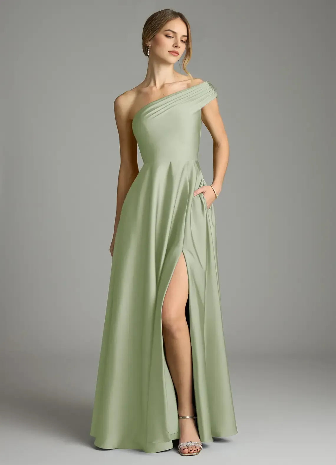 Sage Green A-Line One-Shoulder Satin High Slit Floor-Length Wedding Dress - Yihuiw by Yihuiw
