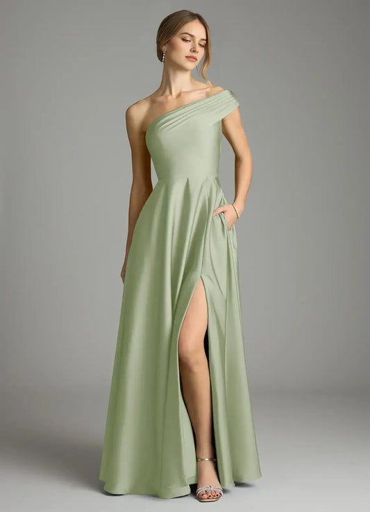 Sage Green A-Line One-Shoulder Satin High Slit Floor-Length Wedding Dress - Yihuiw by Yihuiw