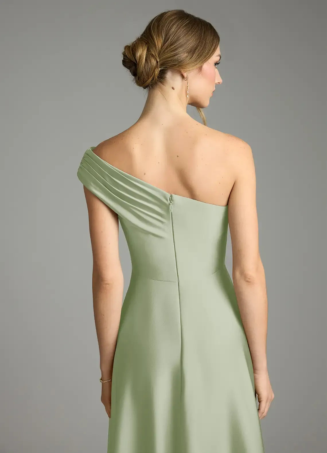 Sage Green A-Line One-Shoulder Satin High Slit Floor-Length Wedding Dress - Yihuiw by Yihuiw