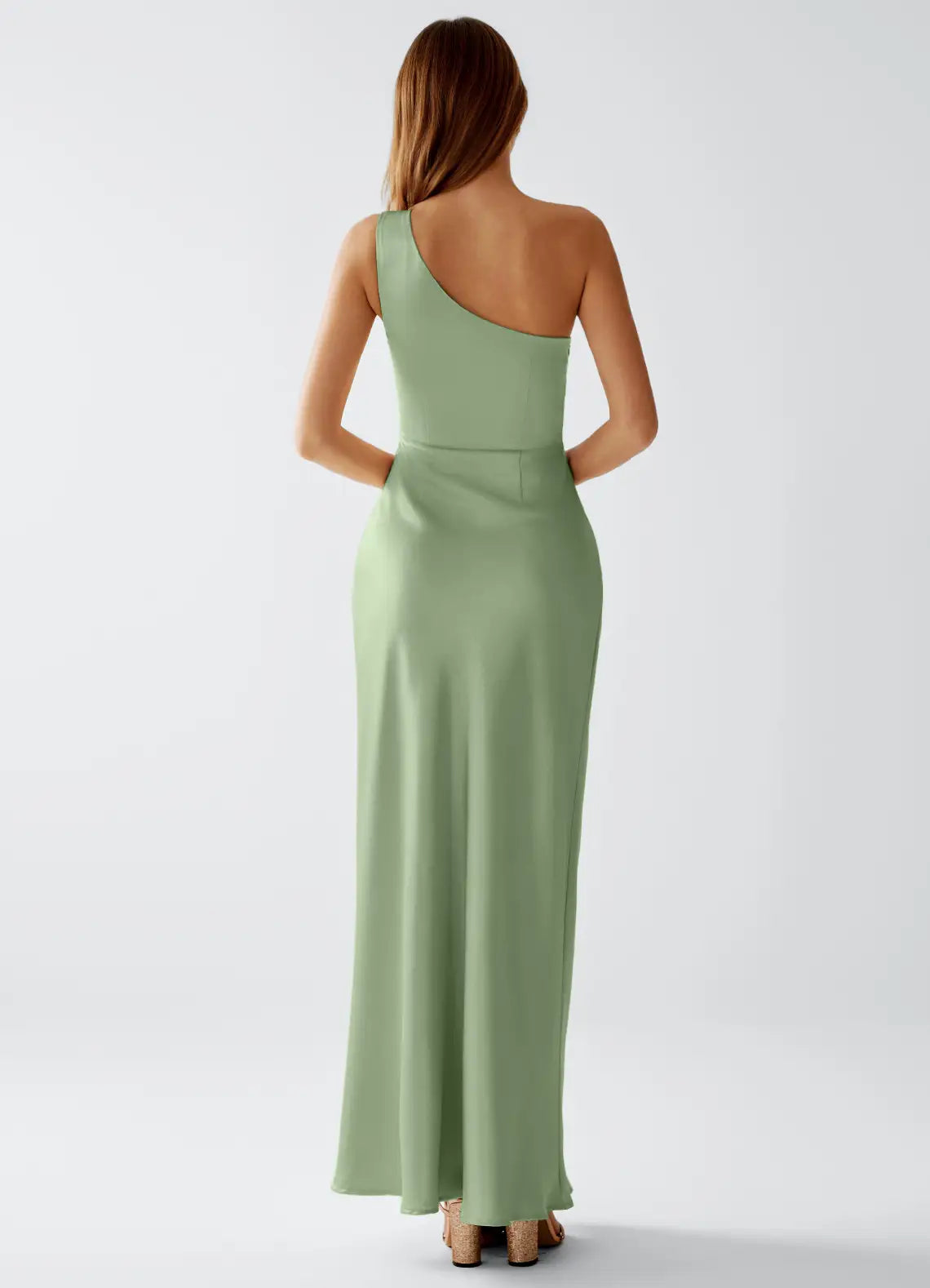 Sage Green One-Shoulder Satin Ruched Floor-Length Wedding Dress - Yihuiw by Yihuiw