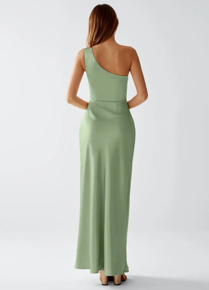 Sage Green One-Shoulder Satin Ruched Floor-Length Wedding Dress - Yihuiw by Yihuiw