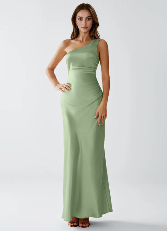 Sage Green One-Shoulder Satin Ruched Floor-Length Wedding Dress - Yihuiw by Yihuiw