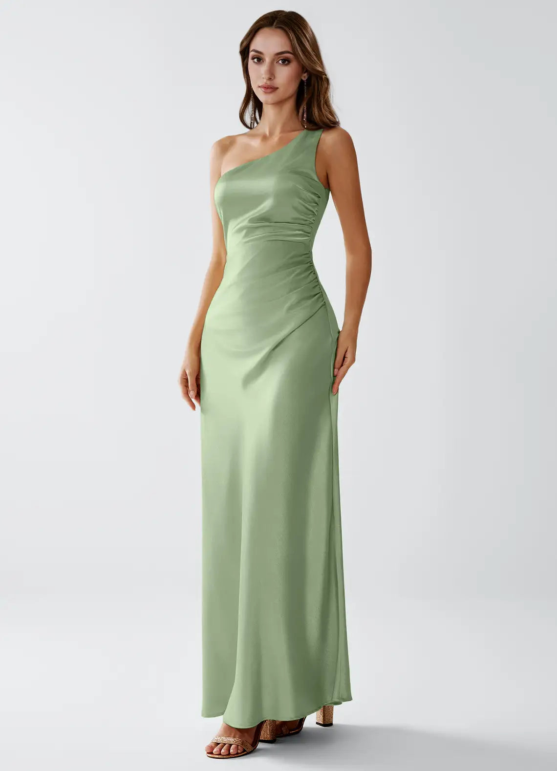 Sage Green One-Shoulder Satin Ruched Floor-Length Wedding Dress - Yihuiw by Yihuiw