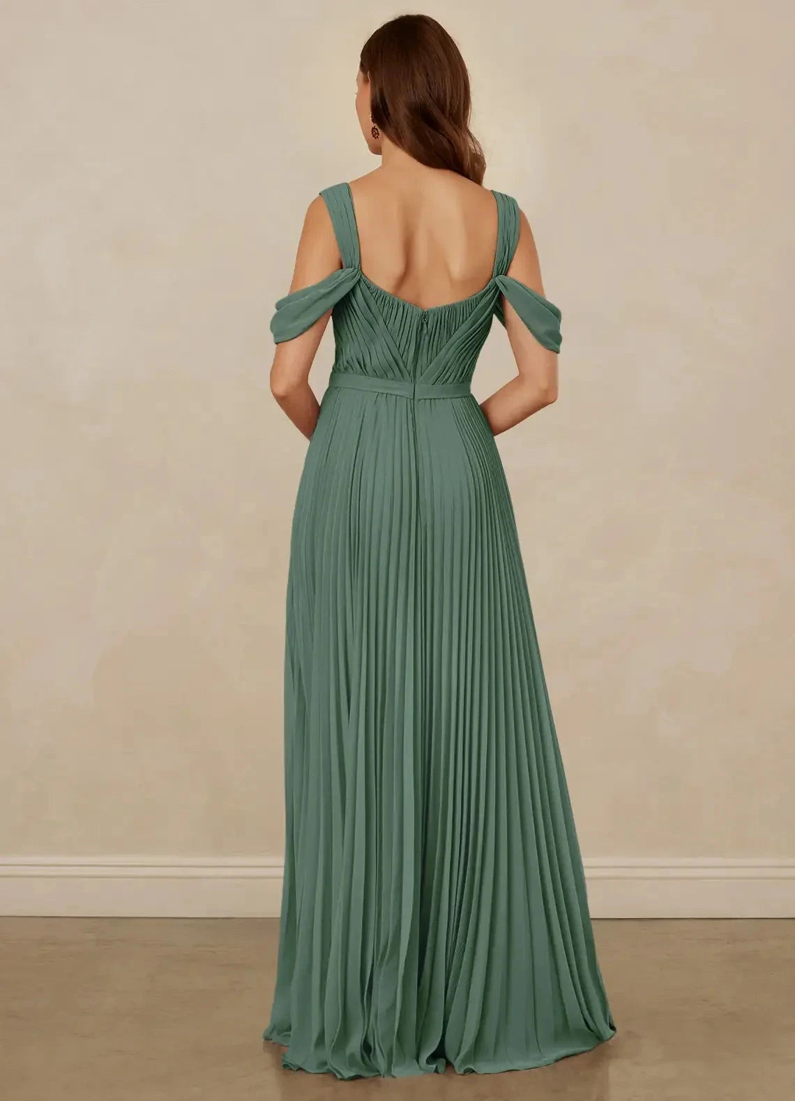 Sage Green Pleated Off-Shoulder Maxi Dress with Pockets Eucalyptus A-Line Off the Shoulder Chiffon Dress Bridesmaid Dresses by YiHuiw