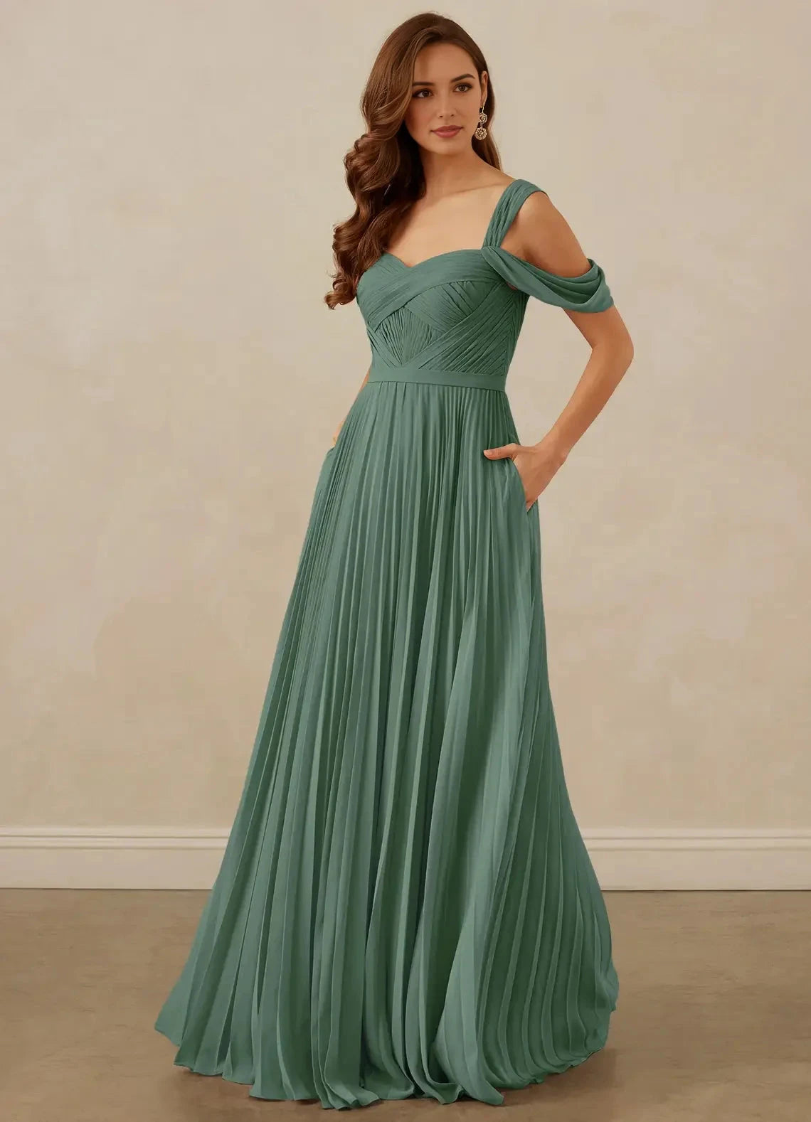 Sage Green Pleated Off-Shoulder Maxi Dress with Pockets Eucalyptus A-Line Off the Shoulder Chiffon Dress Bridesmaid Dresses by YiHuiw