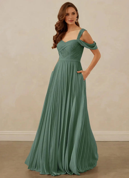 Sage Green Pleated Off-Shoulder Maxi Dress with Pockets Eucalyptus A-Line Off the Shoulder Chiffon Dress Bridesmaid Dresses by YiHuiw